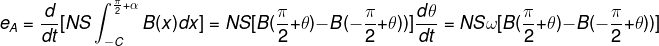 \fn_phv e_{A}=\frac{d}{dt}[NS\int_{-C }^{\frac{\pi }{2}+\alpha}B(x)dx]=NS[B(\frac{\pi }{2}+\theta)-B(-\frac{\pi }{2}+\theta))]\frac{d\theta }{dt} =NS\omega[B(\frac{\pi }{2}+\theta)-B(-\frac{\pi }{2}+\theta))]