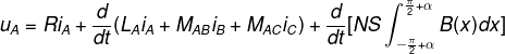\fn_phv u_{A}=Ri_{A}+\frac{d}{dt}(L_{A}i_{A}+M_{AB}i_{B}+M_{AC}i_{C})+\frac{d}{dt}[NS\int_{-\frac{\pi }{2}+\alpha }^{\frac{\pi }{2}+\alpha}B(x)dx]